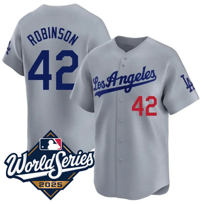 Men's Los Angeles Dodgers #42 Jackie Robinson Gray 2025 World Series Home Limited Stitched Baseball Jersey Men's Los Angeles Dodgers #42 Jackie Robinson Gray 2025 World Series Home Limited Stitched Baseball Jersey